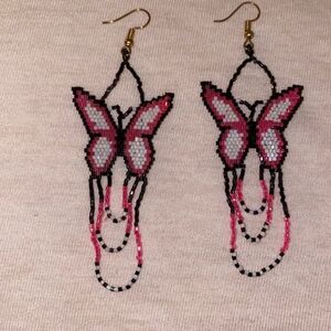 Butterfly Beaded Earrings - Pink and Black